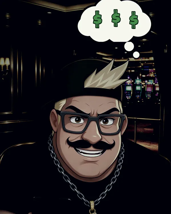 Cartoon Austin Wilduit, smirking, with dollar signs in a thought bubble