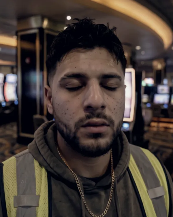 Vinny, in a gray hoodie and hi-vis vest, eyes closed