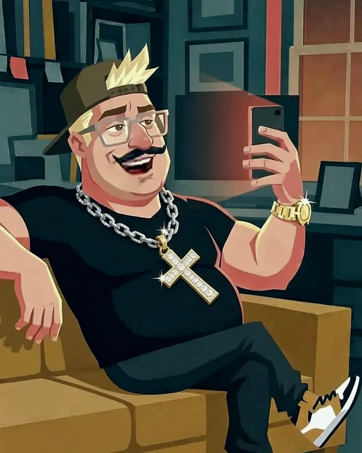 Cartoon Austin Wilduit lounging on a couch, grinning at his own selfie video
